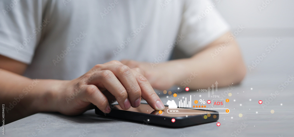 Sticker businessman hand touch screen on smartphone to checking traffic research of pay per click program on