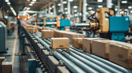 Fototapeta premium A packaging line in a factory, with machines wrapping and labeling products