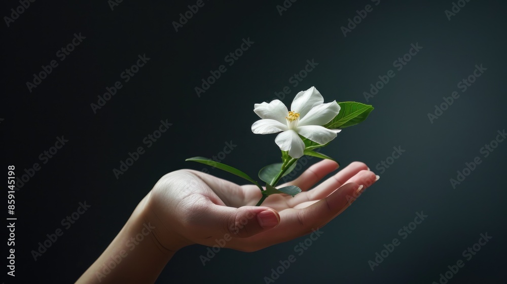 Wall mural Female hand holding white jasmine flower on dark background for advertising and business concept - Wall murals