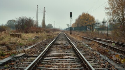 Fototapeta premium The trains whistle sounds in the distance signaling a new stop along the journey for the solitary passenger.