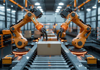 The robot arm in the factory is picking up the cartons.