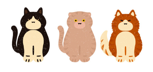 trendy simple cartoonish fluffy cat kitten kitty characters cute animal set icons hand drawn illustration style picture book children's book white background Moggy Scottish Fold American Curl Ginger