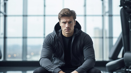 Fit man taking a break from working out at the gym