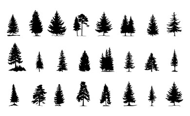 Pine tree silhouette clipart collection on white background