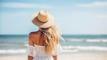 A young girl in a summer hat looking out at the beach.