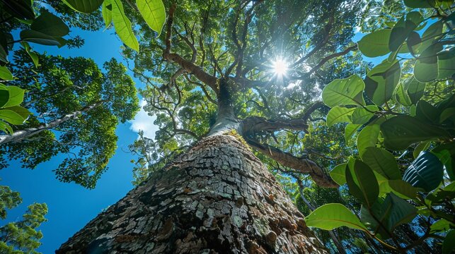 New Zealands Kauri Tree A towering Kauri tree with smooth, silvery bark and a broad canopy, endemic to New Zealands forests - Powered by Adobe