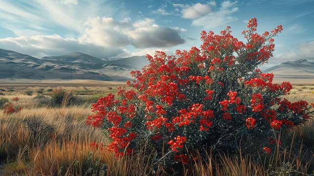 Patagonian Firebush A shrub with striking red flowers and dark green foliage, thriving in the windswept plains of Patagonia