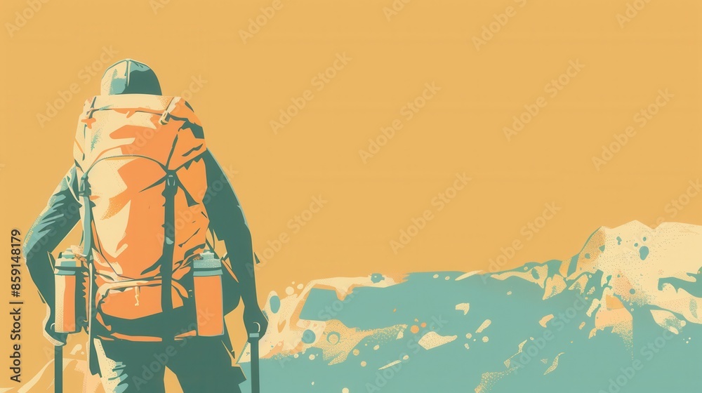 Aufkleber an illustration of a backpacker walking towards a scenic landscape with a large backpack. the minima