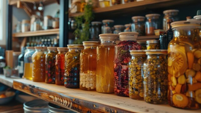 Dynamic fermentation workshop, jars and bottles with various ferments