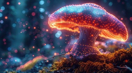 An awe-inspiring bright mushroom exhibits bioluminescence, nestled in a mystical forest at dusk. The vibrant, glowing cap transforms the scene into a surreal vista.