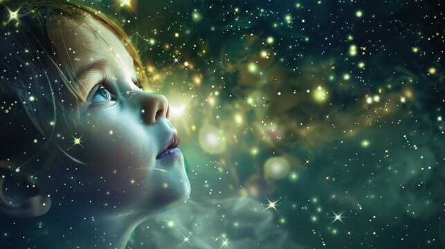 A childa??s face intertwined with a starry night sky on a green background.