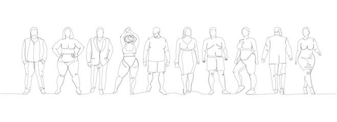 body positive set, obese people, plus size models one line art. Continuous line drawing of body positive, overweight, plus size model, XL, health, fashion, self acceptance.
