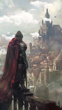 big armor warrior fantasy character looking over a fantastic medieval city landscape, digital art