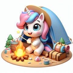 Obraz premium cute unicorn camping cartoon, 3d Generative AI