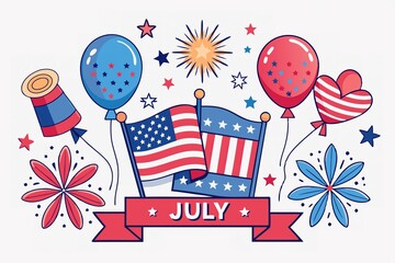 Obraz premium Festive 4th of July clipart featuring American flag, fireworks, and patriotic decorations, Colorful 4th of July clipart with stars, stripes, and fireworks for Independence Day Generative AI