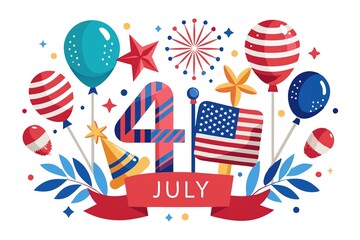 Obraz premium Festive 4th of July clipart featuring American flag, fireworks, and patriotic decorations, Colorful 4th of July clipart with stars, stripes, and fireworks for Independence Day Generative AI