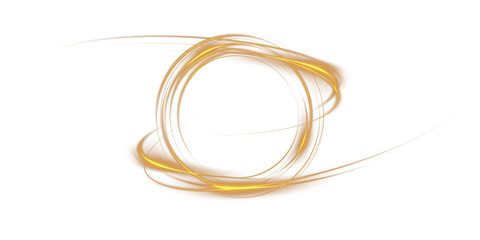 Golden or yellow magical fantasy portal. Round light frame, with fine dust particles, futuristic teleporter. Golden neon lights illuminate night scene with sparkles. Lighting effect. PNG.