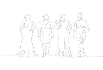 plus size models set, women in evening dresses one line art. Continuous line drawing of body positive, overweight, plus size model, XL, health, fashion, self acceptance.