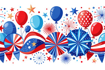Obraz premium Festive 4th of July clipart featuring American flag, fireworks, and patriotic decorations, Colorful 4th of July clipart with stars, stripes, and fireworks for Independence Day Generative AI
