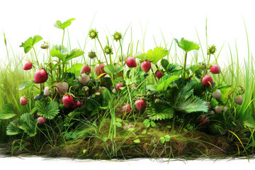 Obraz premium Enjoy the Beauty and Freshness of a Blossoming Strawberry Patch in a Verdant Green Meadow under the Warm Sunlight, Ideal for Natural Harvesting, Gardening, and Wholesome Fruit Enjoyment