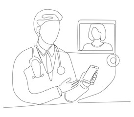 Continuous one line art of Doctor is talking with his patient by video call.