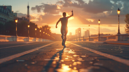 Ecstatic Caucasian athlete holding gold medal after winning Olympic event. Paris streets