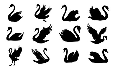 Swan Silhouette Clipart collection on white background