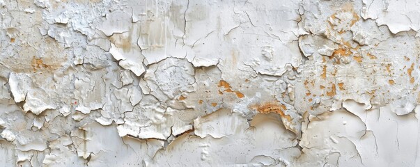 Cracked and peeling white paint on old wall, texture detail. Grunge and decay concept