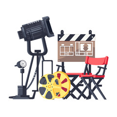 Obraz premium vector flat illustration of a movie director's chair with a clapperboard and camera