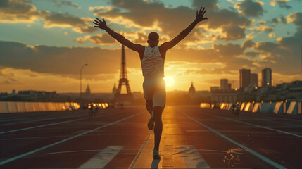 Black athlete raising arms in triumph after winning at the Olympics