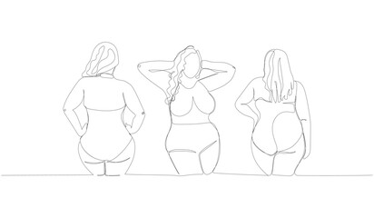 plus size models set, girls in swimsuits one line art. Continuous line drawing of body positive, overweight, plus size model, XL, health, fashion, self acceptance.