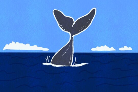 Whale tail rising above ocean in minimalist style