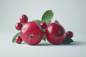 Vibrant Red Berries and Apple Fruits on a Minimalist White Background with Green Leaves for a Fresh and Modern Aesthetic Food and Nature Photography