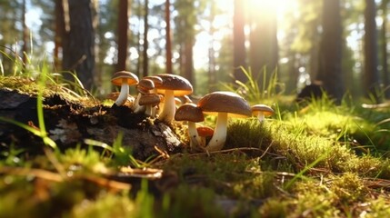 Magnificent Boletus Edulis Mushroom Growing in Sunlit Pine Forest Grassland, Showcasing Abundant Natural Beauty and Lush Woodland Scenery in High-Resolution 4K