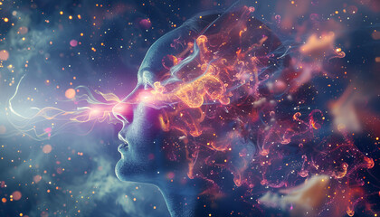 double exposure portrait of a beautiful young woman and colorful sky space clouds