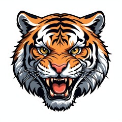 Fototapeta premium Intense tiger face roaring flat illustration with mouth open. orange and black stripes against a white background. generative ai