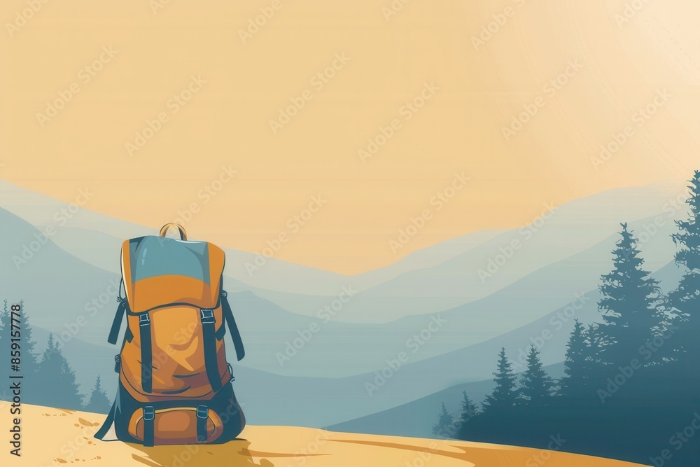 Aufkleber a minimalist illustration of a backpack on a mountaintop overlooking a distant, hazy mountain range 