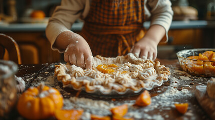 child kid cooking baking knead dough pumpkin tart cake homemade hands preparing food kitchen...