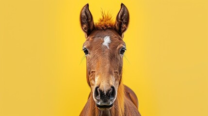 A horse's face combined with a deer's face, dual-toned with chestnut and white shades on an isolated yellow background.