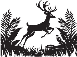 A jungle black and white deer leaping through the tall grass. white background