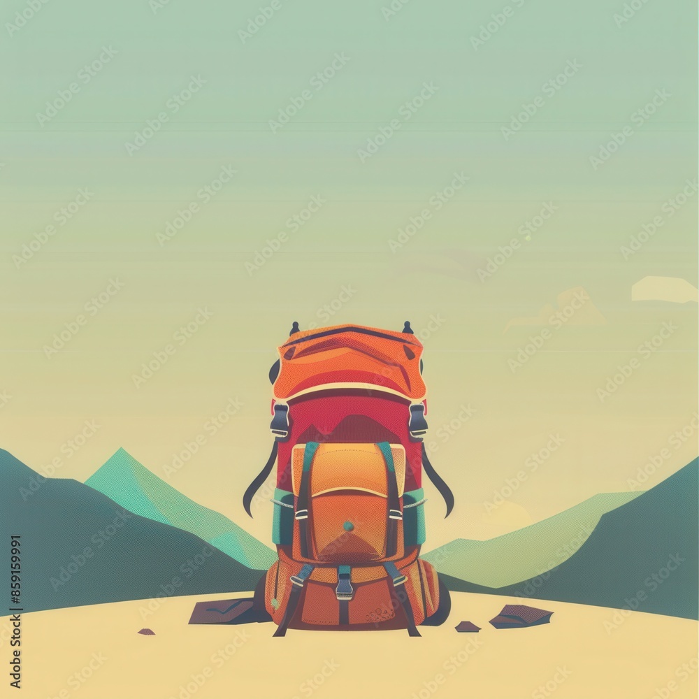 Poster a minimalist illustration depicting a stylized backpack in front of a mountain range under a clear, 