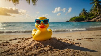 Yellow rubber duck facing the camera wearing sunglasses sitting on the sand of a beach in vacation