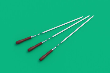 Set of metal skewers with wooden handle on green background. Steel stick for frying kebabs. Utensil for bbq. Equipment for picnic. 3d render