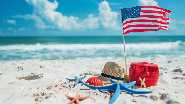 American flag and hat on white beach sand with blue starfish