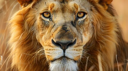 Naklejka premium Male lion from the Kgalagadi desert facial portrait in fine art. Panthera leo. 