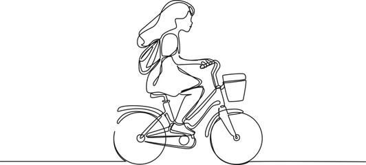 continuous single line drawing of young girl with daybag riding on childrens bicycle, line art vector illustration