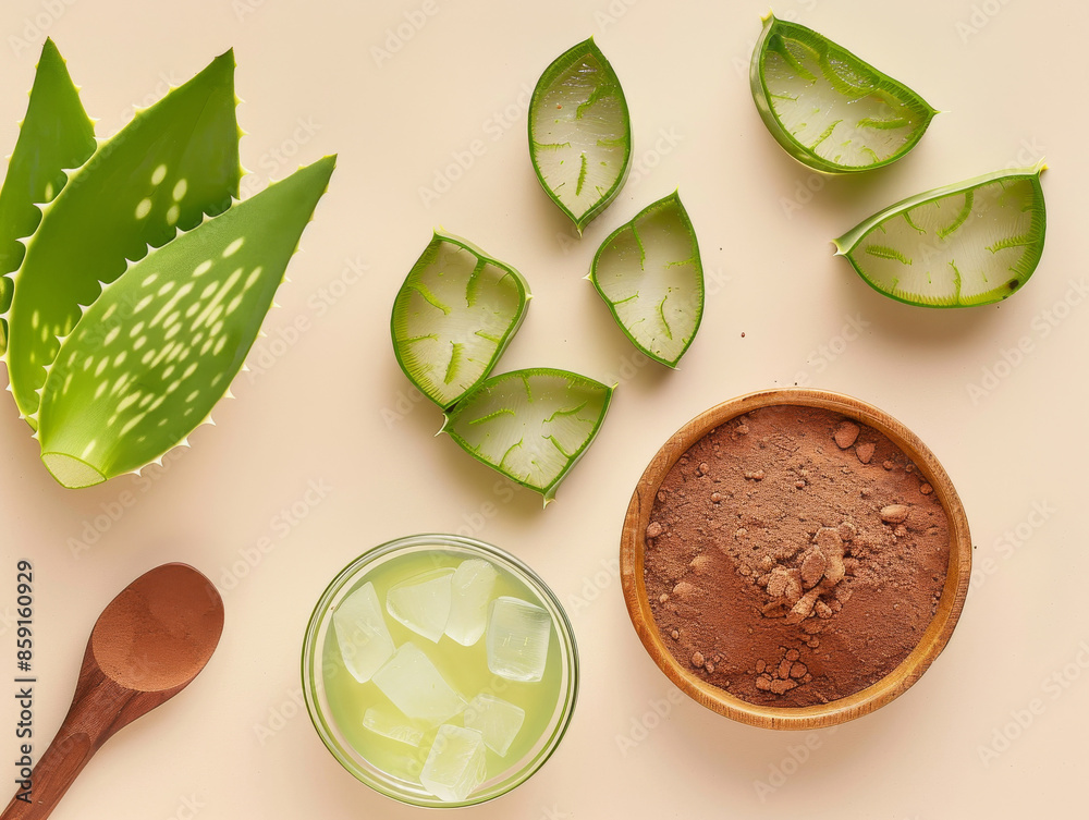 Wall mural Throw some sliced Aloe Vera on the table and use it to make face cream, which is very good for skin care. - Wall murals