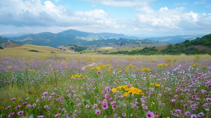 Fototapeta premium Patches of purple yellow and pink wildflowers spread as far as the eye can see.