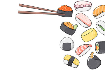 Japanese food illustration, sushi background,