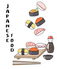 Japanese food illustration, sushi background,